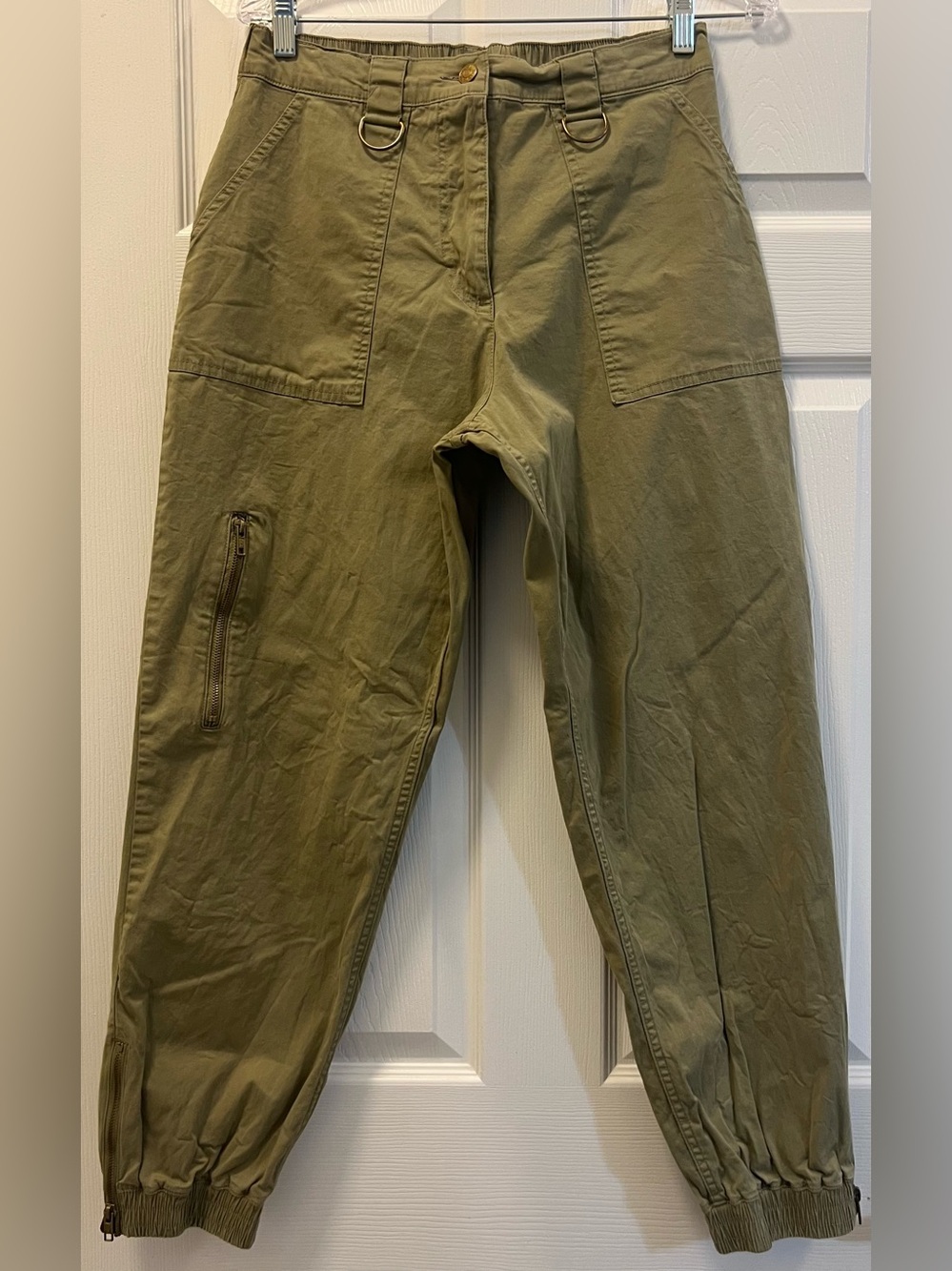 b.young Olive Green Utility Jogger Pants w/ D-Rings & ankle zipper, size 6/8.